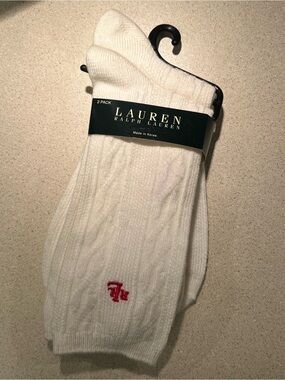 Ralph Lauren White Cable-Knit Socks with Fuchsia Logo - 2 Pack